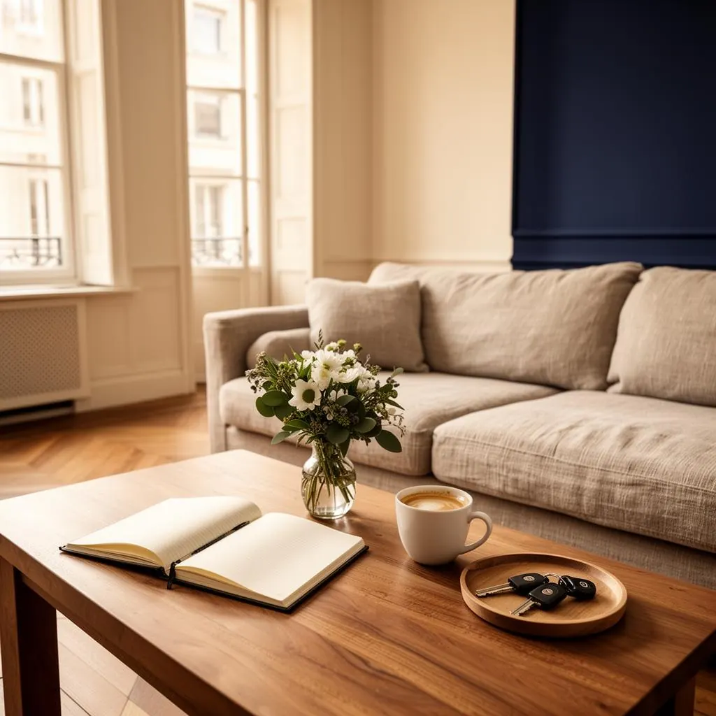 Salon lumineux et chaleureux d'un appartement Airbnb préparé pour les voyageurs